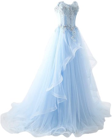 Amazon.com: Maricopyjam Women's Applique Sweetheart Sheer Waist Fishbone Symmetrical Peplum Long Prom Dress Light Blue US14 : Clothing, Shoes & Jewelry