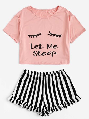 Eye and Letter Top & Ruffle Striped Shorts PJ Set