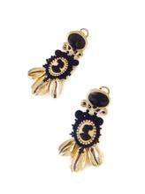 Cowrie puka shell cameo drop statement clip on earrings gold black | Beads Of Aquarius
