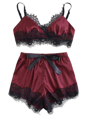 DIDK Women's Lace Trim Satin Bralette and Shorts PJ Set at Amazon Women’s Clothing store: