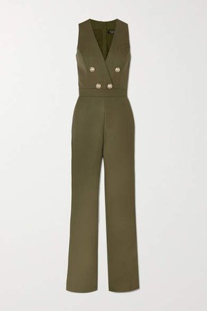 Buttoned-embellished Wool Jumpsuit - Army green