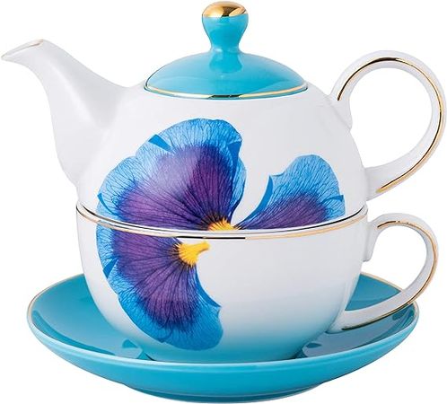 Amazon.com | Jusalpha Blue Petal Classic Teapot- Tea cup- Saucer Set, Tea-for-One set #07 (Blue): Tea Sets