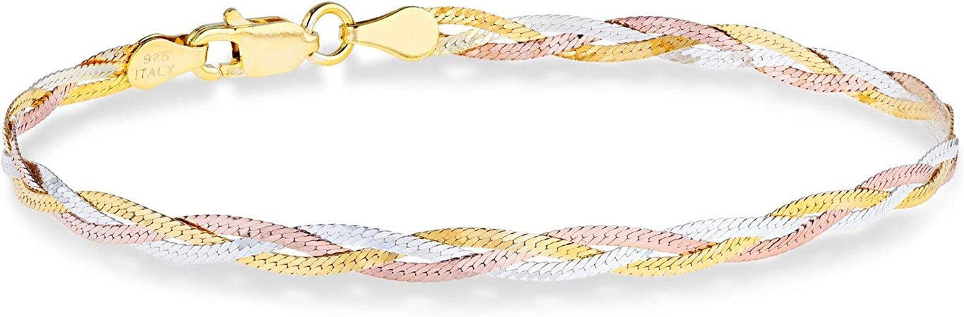 Amazon.com: Miabella Tri-Color 18K Gold Over Sterling Silver Italian 3-Strand 4mm Braided Herringbone Link Chain Bracelet for Women Teen Girls, 925 Italy (Length 8 Inches (Small)): Clothing, Shoes & Jewelry