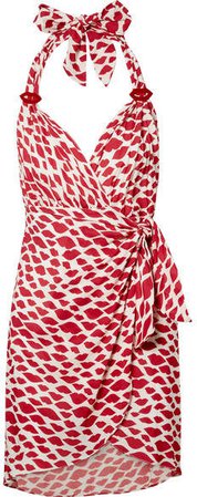 Bacio Printed Voile Halterneck Mini Wrap Dress - Red