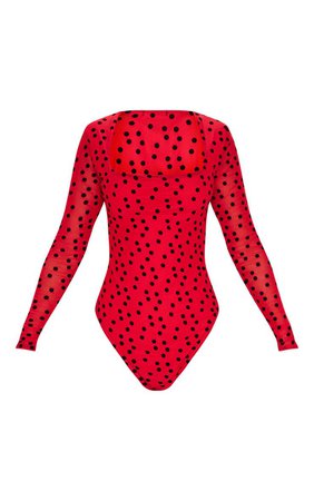 Red Polka Dot Mesh Square Neck Bodysuit | PrettyLittleThing