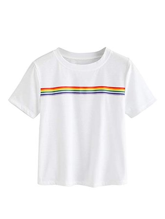 Romwe Women's Summer Rainbow Color Block Striped Crop Top School Girl Teen Tshirts White M at Amazon Women’s Clothing store: