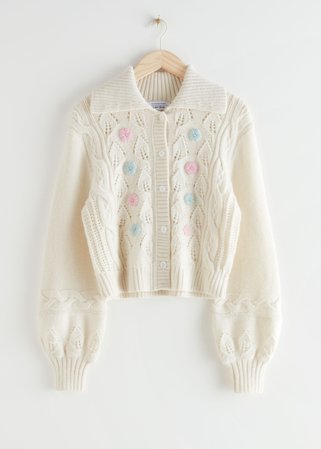 Floral Embroidery Cable Knit Alpaca Cardigan - White - Cardigans - & Other Stories