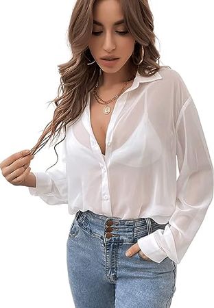 Verdusa Women's Sheer Mesh Button Down Shirt Top Long Sleeve Drop Shoulder Blouse at Amazon Women’s Clothing store