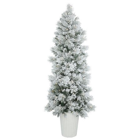 Vickerman 7' Potted Flocked Castle Pine Artificial Christmas Tree with 250 Clear Lights