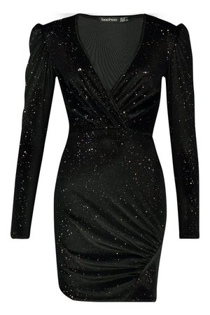 Glitter Velvet Full Sleeve Mini Dress | Boohoo black
