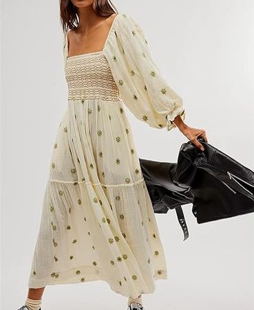 Amazon.com: Women's Boho Flowy Maxi Dress with Puff Long Sleeve, Square Neck, Embroidered Swing, and Tiered Design : Clothing, Shoes & Jewelry