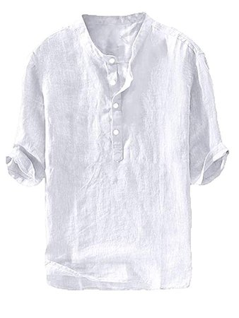 Mens Linen Henley Shirt Casual 3/4 Sleeve T Shirt Pullover Tees Lightweight Curved Hem Cotton Summer Beach Tops at Amazon Men’s Clothing store