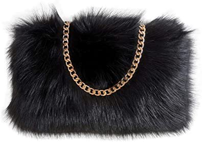 FHQHTH Faux Fur Purse Fuzzy Handbags for Women Evening Handbags Al alloy Shoulder Strap [Navy Blue]: Handbags: Amazon.com