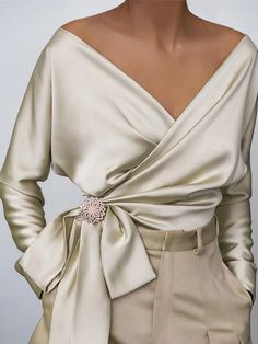 Deep V-Neck Long Sleeve Blouse/Top - Champage