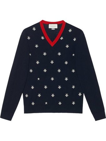 GUCCI Wool v-neck with bees and stars