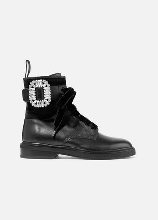 Viv Rangers Crystal-embellished Paneled Leather And Suede Ankle Boots - Black