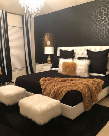 Black, gold, and white bedroom 1