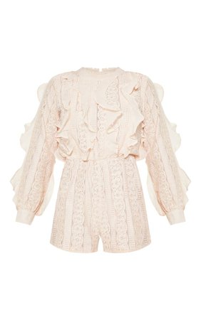 Dusty Pink Lace Frill Detail Long Sleeve Playsuit | PrettyLittleThing