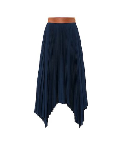 Leather-trimmed pleated skirt