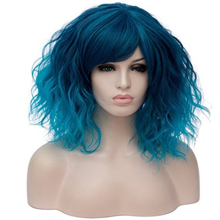 Alacos Fashion 35cm Short Curly Bob Anime Cosplay Wig Daily Party Christmas Halloween Synthetic Heat Resistant Wig for Women +Free Wig Cap (Blue Ombre Side Parting)