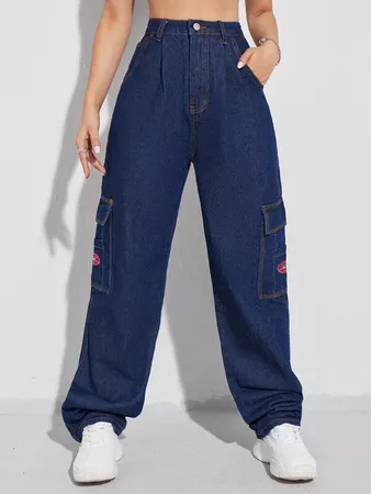 Patched Detail Flap Pocket Wide Leg Jeans | SHEIN USA
