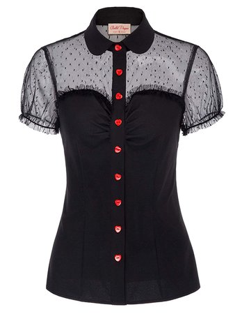 Black Rockabilly 50s Blouse with Red Heart Buttons