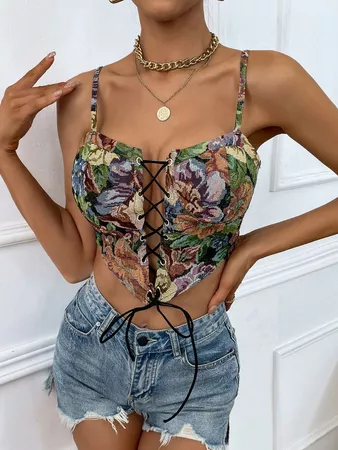 Floral Pattern Grommet Lace-up Shirred Back Asymmetrical Hem Cami Top | SHEIN USA