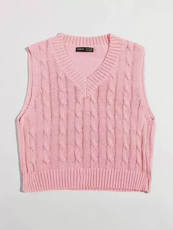 V Neck Cable Knit Sweater Vest | SHEIN USA Baby Pink