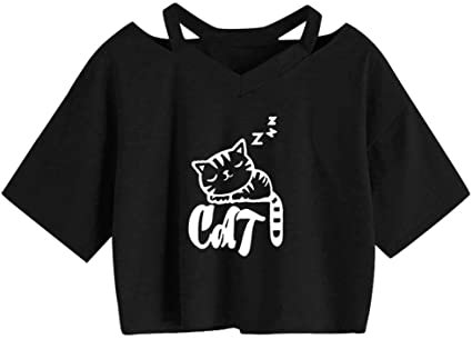 Amazon.com: Women Teen Girls Cute Planet Print Summer Cut Out Shoulder Short Sleeve Crop Tops Tee Shirts (Cat-Black, M): Clothing