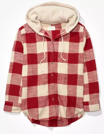 AE Plaid Flannel Hooded Button Up Shirt