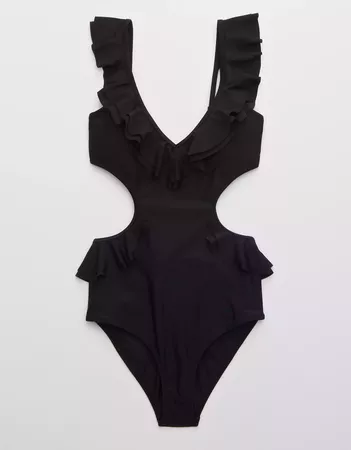 Aerie Ruffle Cut Out One Piece Swimsuit black