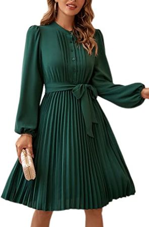 LIUMILAC Women Long Sleeve Pleated Shirt Dress Formal Cocktail Party Mini Dress with Belt at Amazon Women’s Clothing store