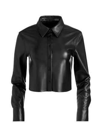 Leon Cropped Vegan Leather Button Down In Black | Alice And Olivia
