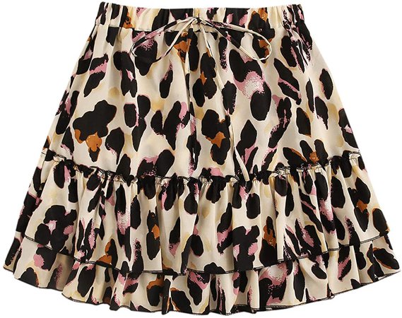 SheIn Women's Leopard Print Drawstring Waist Layer Ruffle Hem Short Skirt Apricot Pink Medium at Amazon Women’s Clothing store