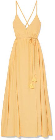 Santa Rose Tasseled Wrap-effect Voile Maxi Dress - Pastel yellow