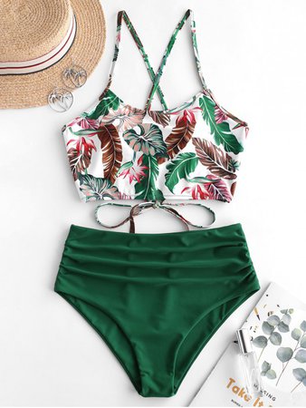 [55% OFF] [HOT] 2020 ZAFUL Leaf Print Crisscross Ruched Tankini Swimsuit In MEDIUM SEA GREEN | ZAFUL