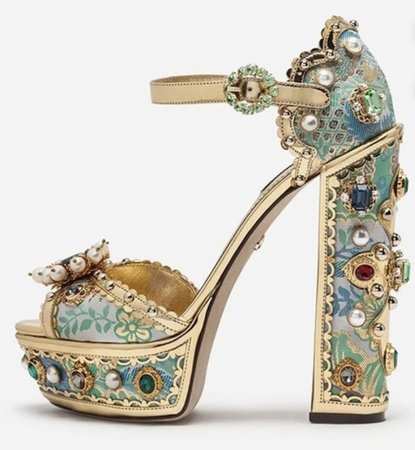 Gold turquoise-ish pearly strap platform sandal