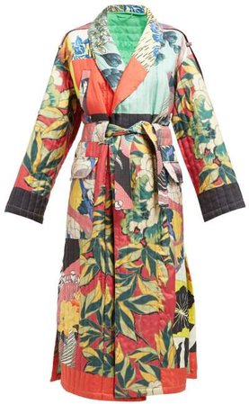 Floral Print Quilted Silk Twill Kimono Coat - Womens - Blue Multi