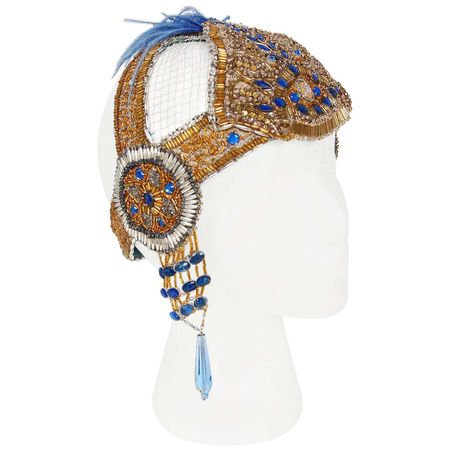 Vintage 1920's French Couture Gold Beaded Blue Jeweled Flapper Crown Headpiece For Sale at 1stDibs