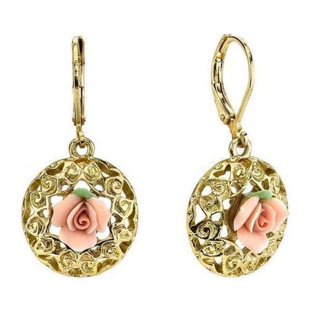 1928 Jewelry Gold Tone Pink Porcelain Rose Drop Earrings