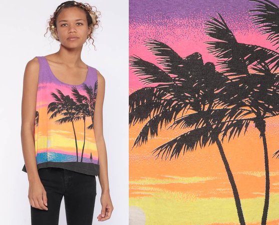 Tropical Sunset Shirt Palm Tree Shirt Graphic Tank Top 80s | Etsy