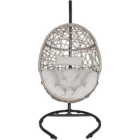 Amazon.com: Iwicker Outdoor Rattan Egg Hanging Swing Chair with Cushions and Stand (Beige): Kitchen & Dining