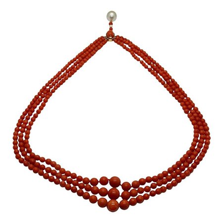 Rose Gold, Mediterranean Red Coral and Pearl 3-Strand Necklace