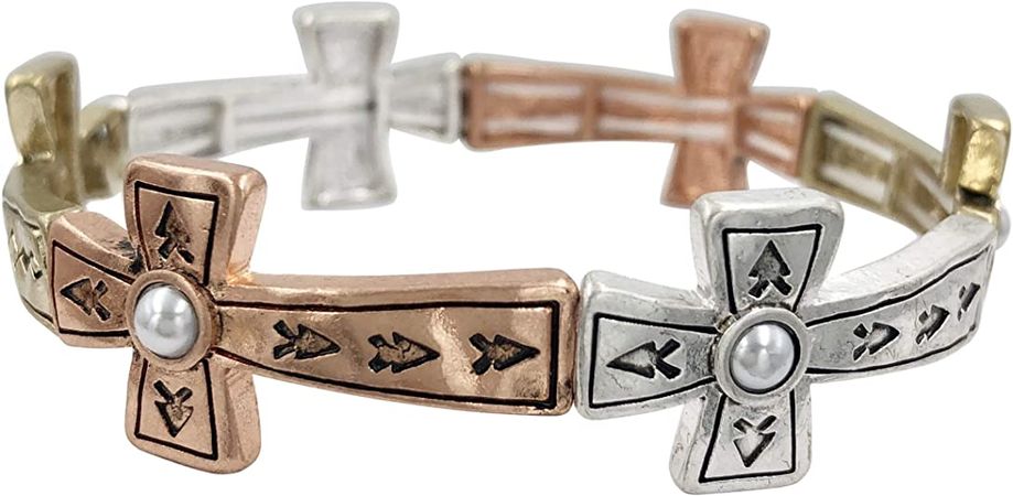 Amazon.com: Gypsy Jewels Sideways Christian Cross Mixed Metals Stretch Bracelet (Tri-Tone Copper Gold & Silver Tone): Clothing, Shoes & Jewelry