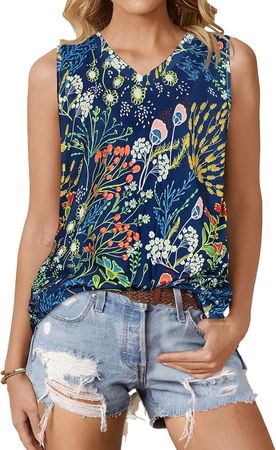 Tank Top for Women Causal Summer V Neck Sleeveless T Shirts Loose Fit Tunic Blouses (V Blue Flower Bouquet, S) at Amazon Women’s Clothing store