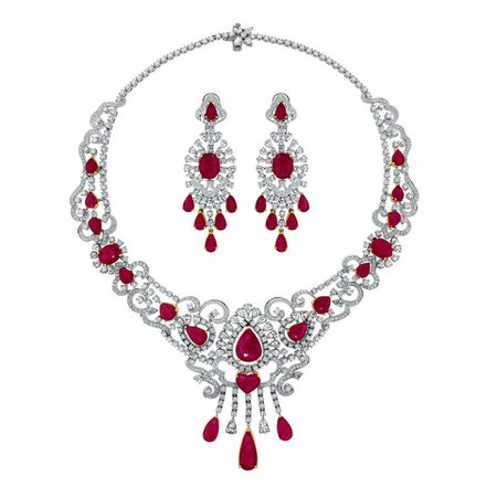 Beauvince Ruby and Diamond Necklace and Earring Suite in White Gold at 1stDibs