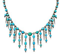 Early Victorian Diamond Turquoise Silver-Topped Gold Collar Necklace | Wilson's Estate Jewelry