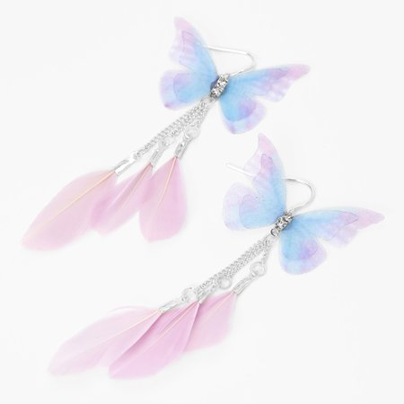 Silver 5" Butterfly Pink Feather Drop Earrings | Claire's