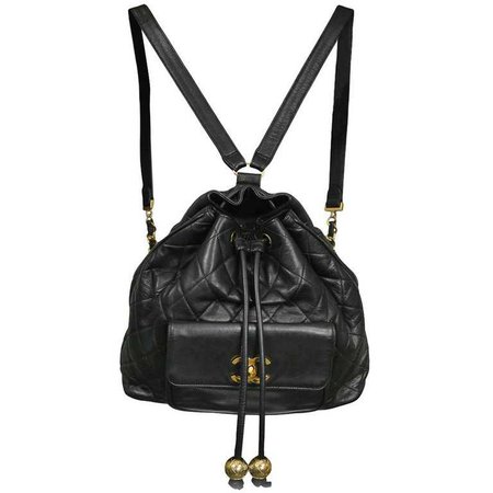 Chanel Large Black Leather Quilted Backpack w Gold Baubles and CC Logo For Sale at 1stdibs