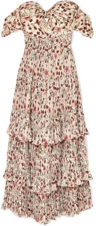 The Lady Of Shalott Off-the-shoulder Floral-print Crepe De Chine Gown - Beige
